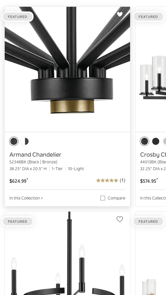 an product listing showcasing chandeliers