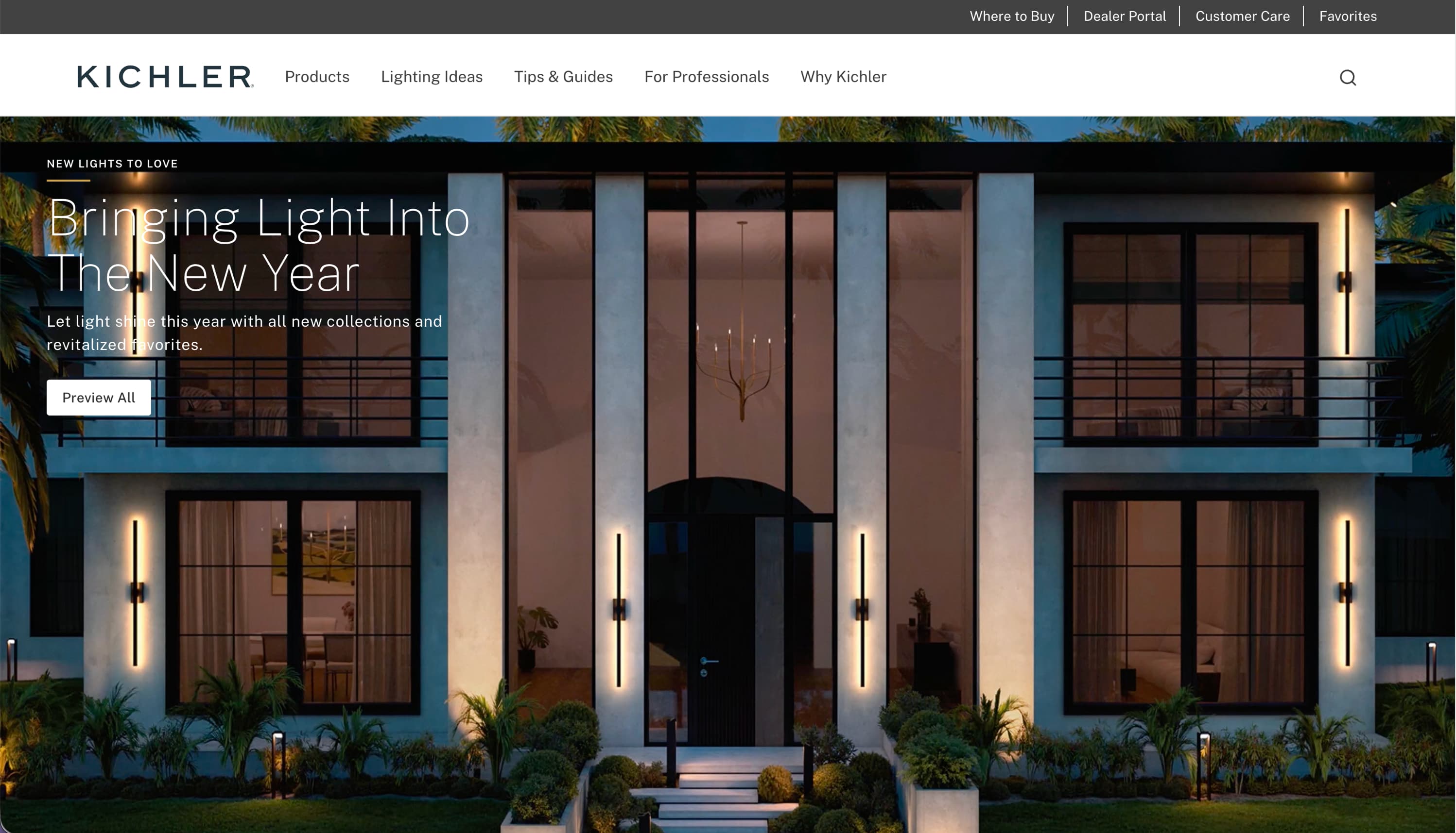 Kichler Lighting's home page hero 2026